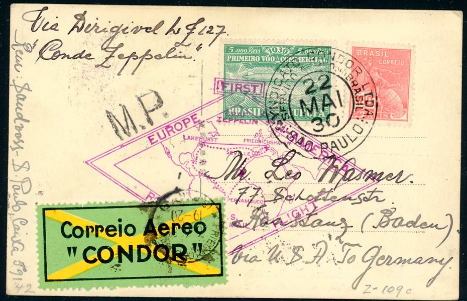 Brazil Flown Zeppelin Cover and Card Accumulation (Est $325-425)