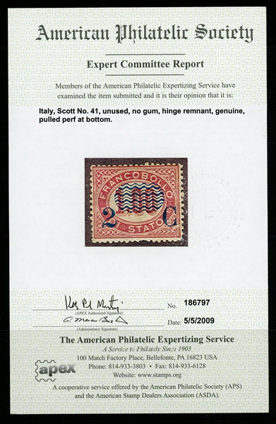 Italy Scott 41 MNG, Just Fine, With 2009 APS Certificate (SCV $550)