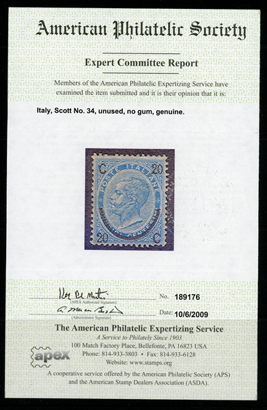 Italy Scott 34 MNG, Just Fine, With 2009 APS Certificate (SCV $645)