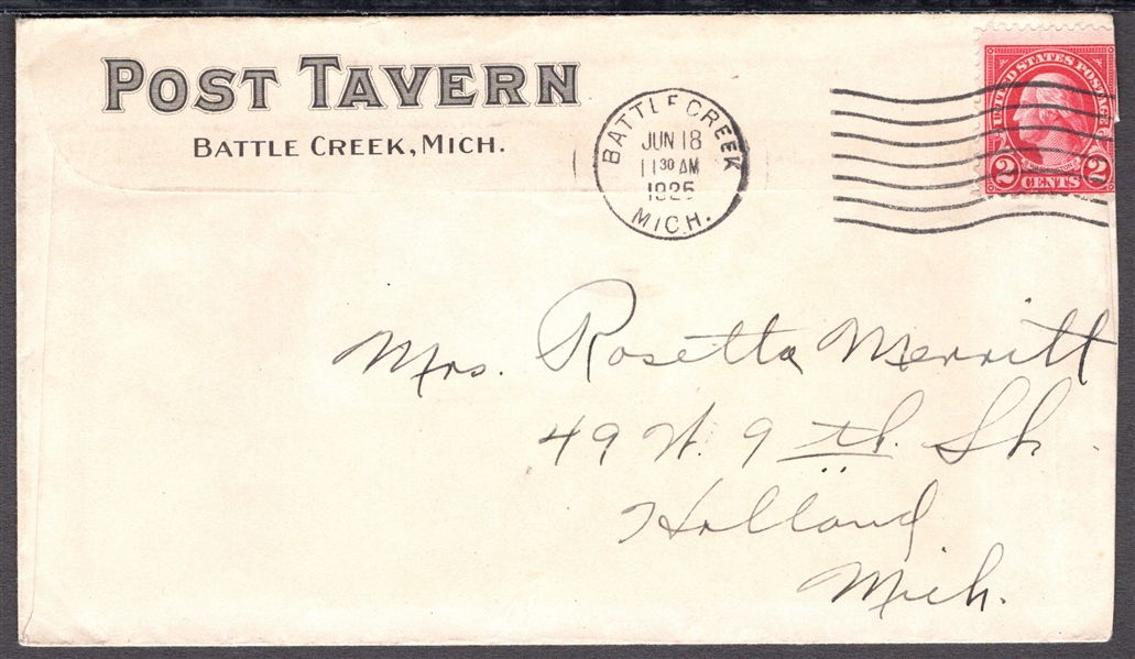 Battle Creek , Michigan, 1925 Post Tavern Hotel Cover (Est $20-30)