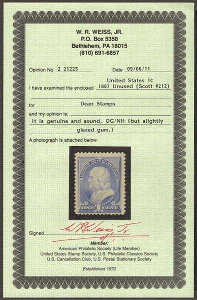 USA Scott 212 MNH, F-VF with 2011 Weiss Certificate (SCV $290)