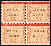 Canal Zone Scott 13b Variety in Block of 4, MH, F-VF (SCV $225)