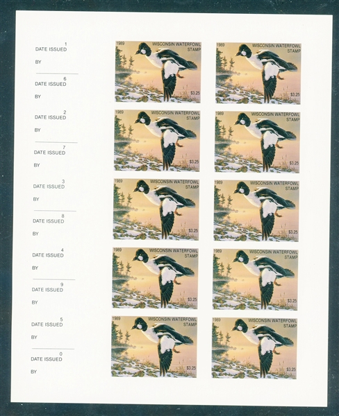 WI12P Wisconsin 1989 Common Goldeneye, Imperf Proof Sheet/10 (Sam Houston $2000)