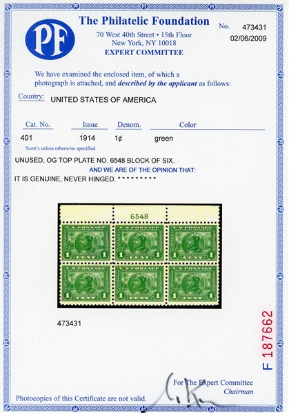 USA Scott 401 MNH F-VF Plate Block of 6, 1c Pan-Pacific Perf 10 w/PFC (SCV $650)