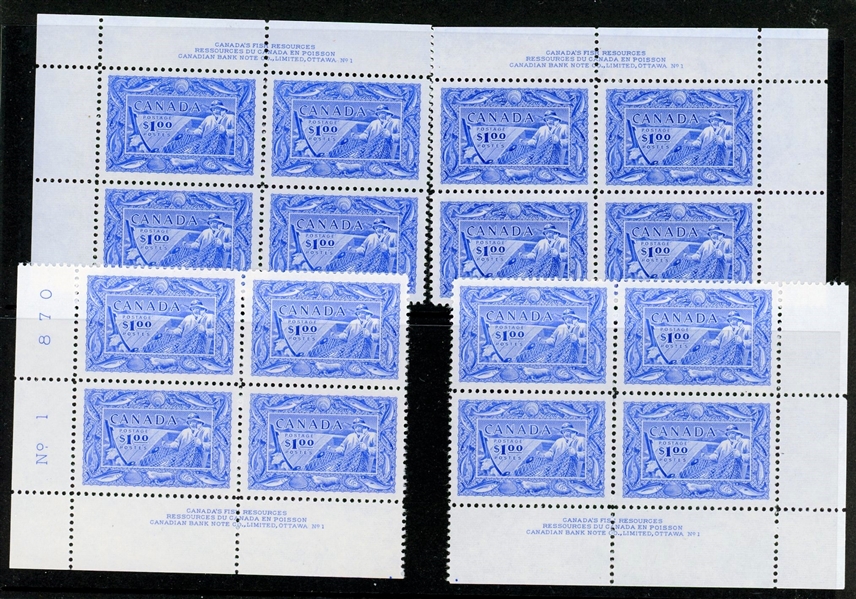Canada Scott 302 Matching Plate Blocks MNH F-VF, 1951 Fisheries (UTC $1200)