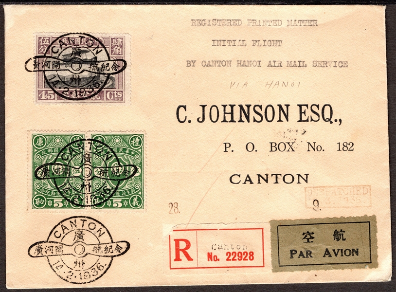 China 1936 First Flight Cover - Canton Hanoi Airmail Service