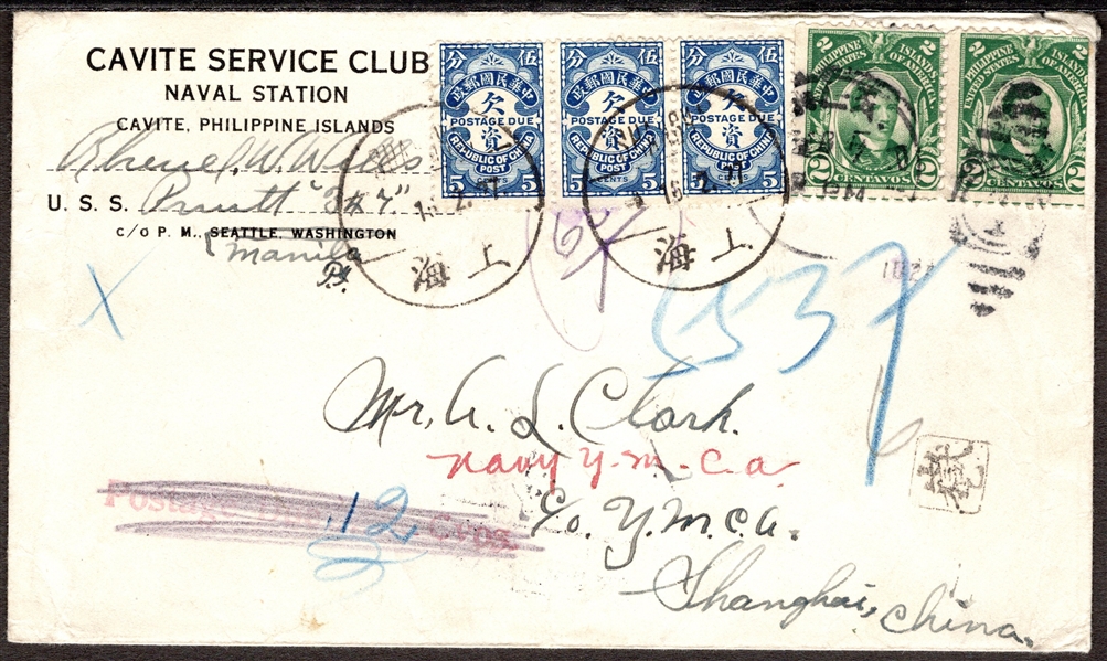 Philippines Naval Cover to Shanghai, Postage Due, 1927 (Est $75-100)
