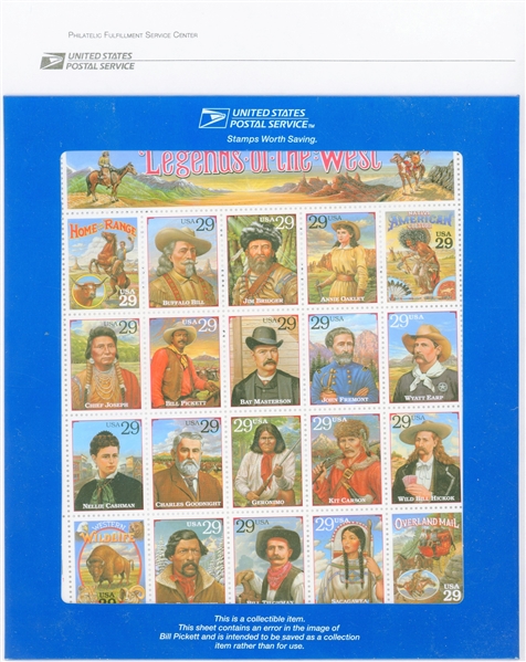 USA Scott 2870 MNH Recalled Legends of the West Sheet in Blue Folder (SCV $125)