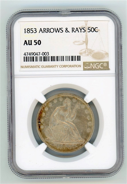 1853 Arrows at Date, Rays Around Eagle Half Dollar, NGC AU50