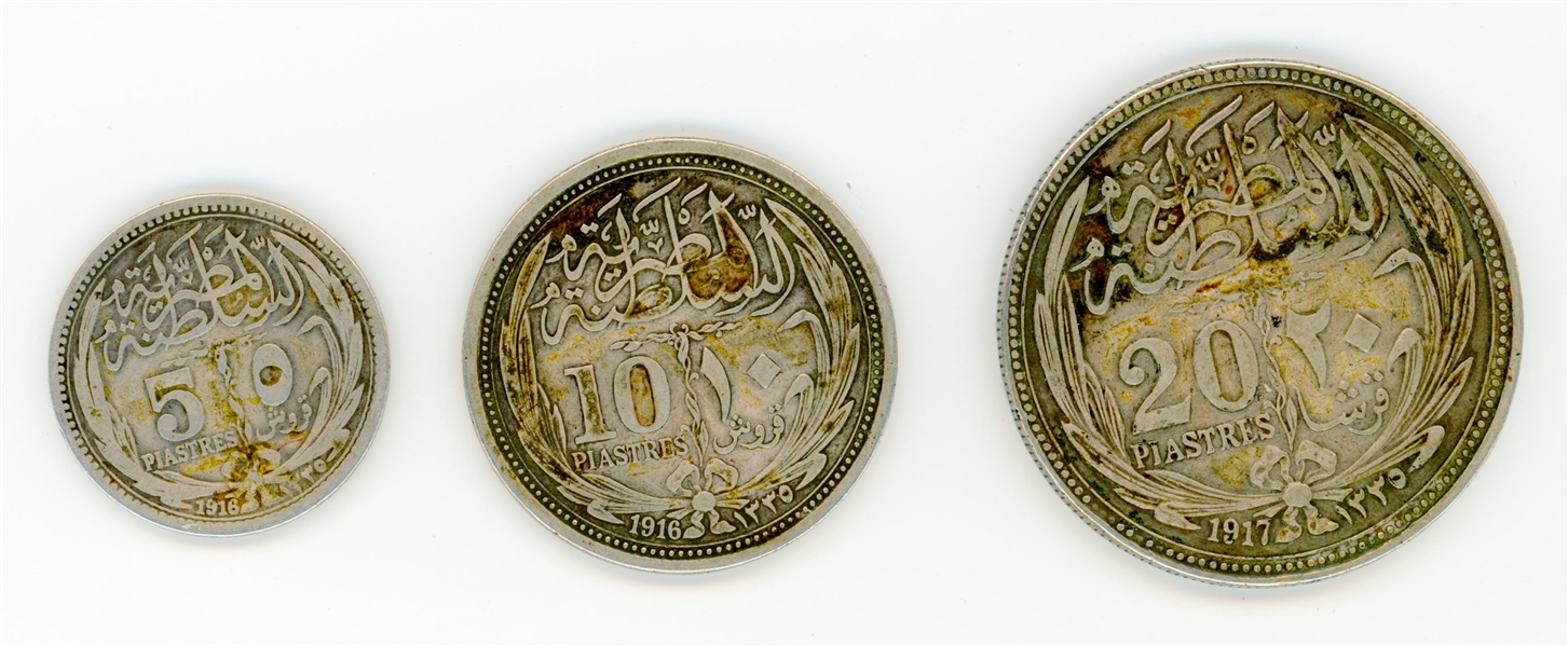 1916-1917 Egypt Silver Piastre Coins, 3 Diff., F-VF