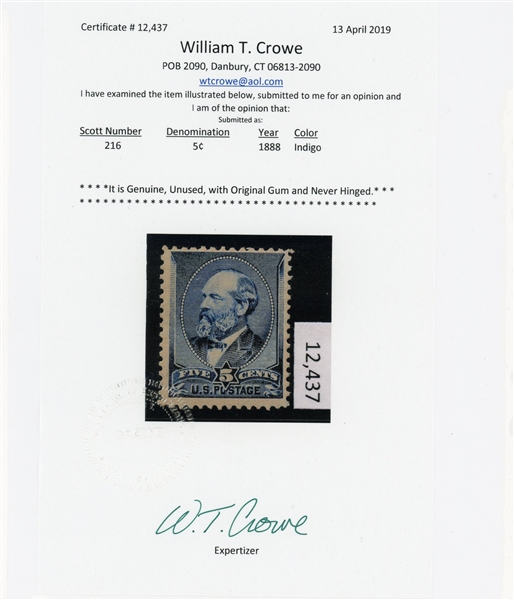 USA Scott 216 MNH Fine with 2019 Crowe Cert (SCV $625)