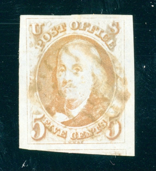 USA Scott 1 Used 5c Franklin Red Brown, 4 Margin, faults (SCV $350)