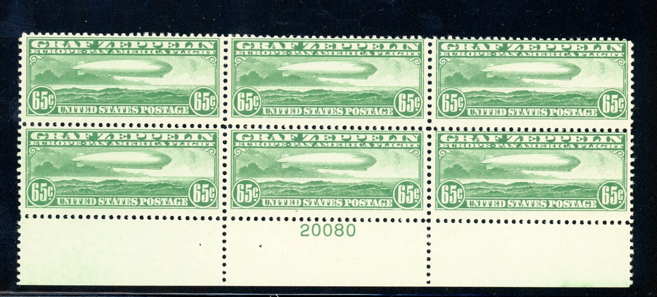 USA Scott C13 MNH Fine Plate Block/6, 65c Graf Zeppelin (SCV $2200)