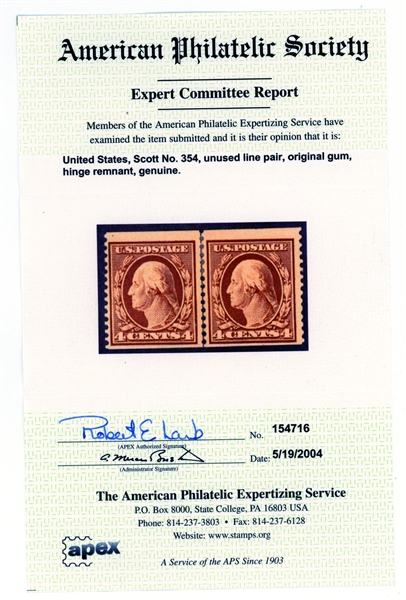 USA Scott 354 Coil Line Pair, MH, F-VF w/2004 APS Certificate (SCV $1400)