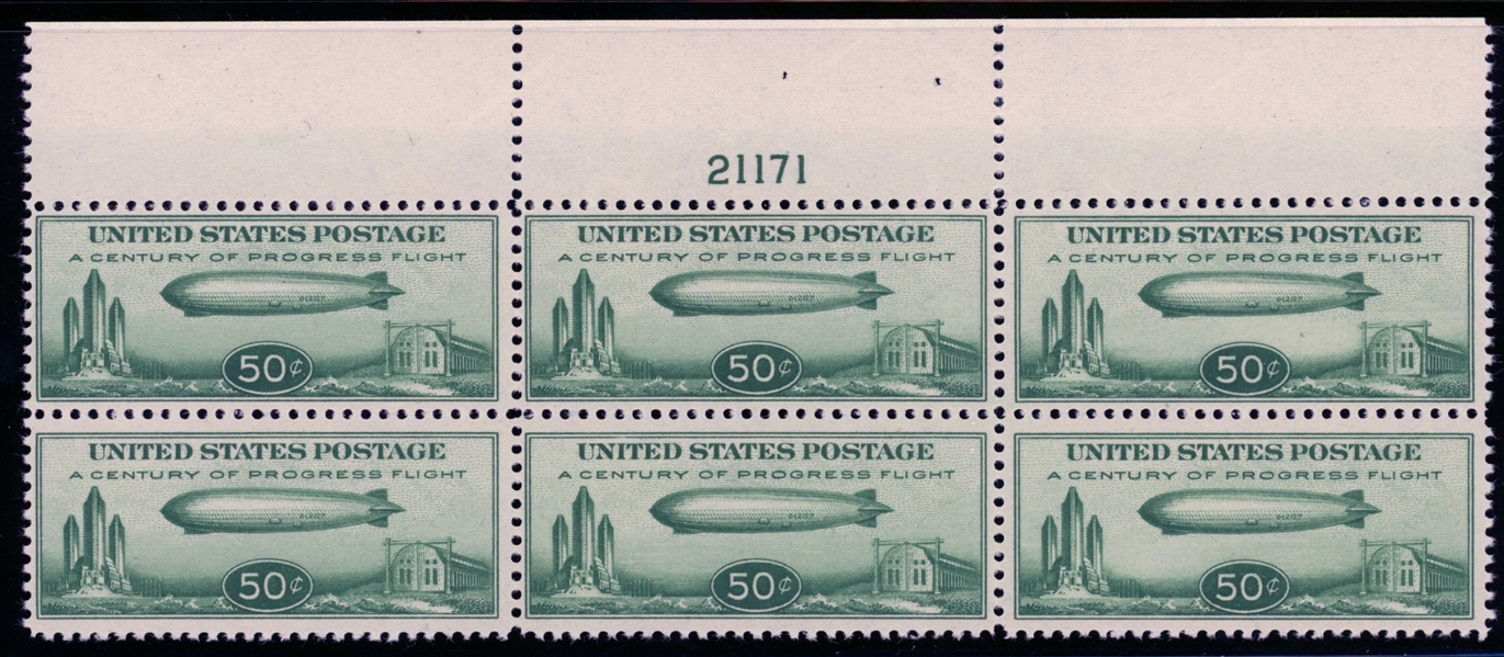 USA Scott C18 MNH F-VF Plate Block of 6, 50c Baby Zeppelin (SCV $675)