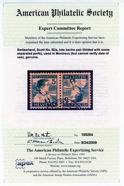 Switzerland Scott B2a Used F-VF Tete-Beche with 2009 APS Certificate (SCV $1400)