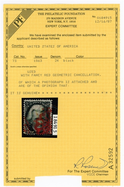 USA Scott 73 Used with Red Geometric Cancel, 1987 PF Certificate (SCV $105)