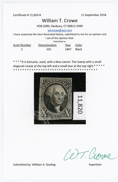 USA Scott 2 Used, Fine, Blue Cancel, with 2018 Crowe Certificate (SCV $800)