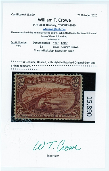 USA Scott 293 MH F-VF , $2 Trans-Miss with 2020 Crowe Certificate (SCV $1900)