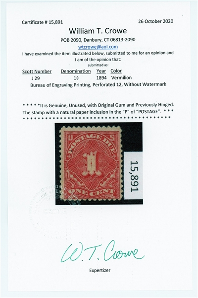 USA Scott J29 MLH Fine, 1894 1c Vermilion with 2020 Crowe Cert (SCV $2250)