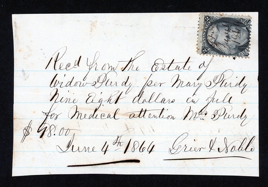 USA Scott 73 Used as Revenue on 1864 Receipt (Est $50-100)