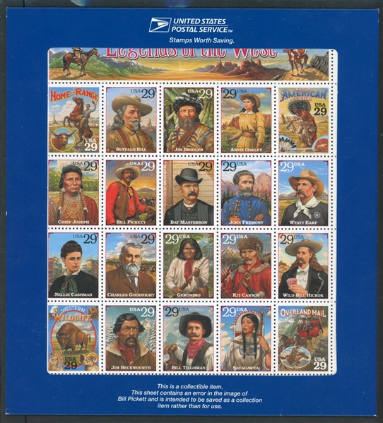 USA Scott 2870 MNH Recalled Legends of the West Sheet w/Blue Folder (SCV $125)