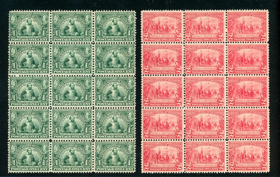 USA Scott 328, 329 MNH F-VF Blocks of 15, 1907 Jamestown (SCV $2250)