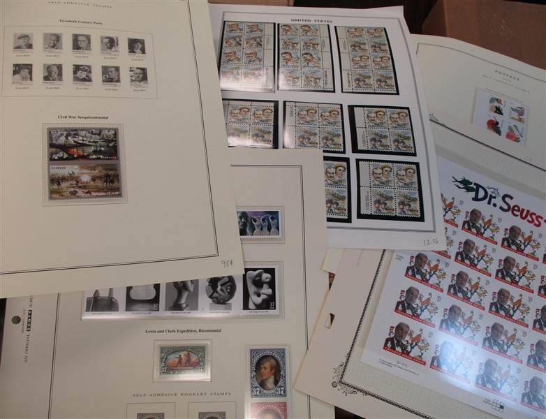USA Mint Stamps on Album Pages Filling a Banker Box (Face $845)