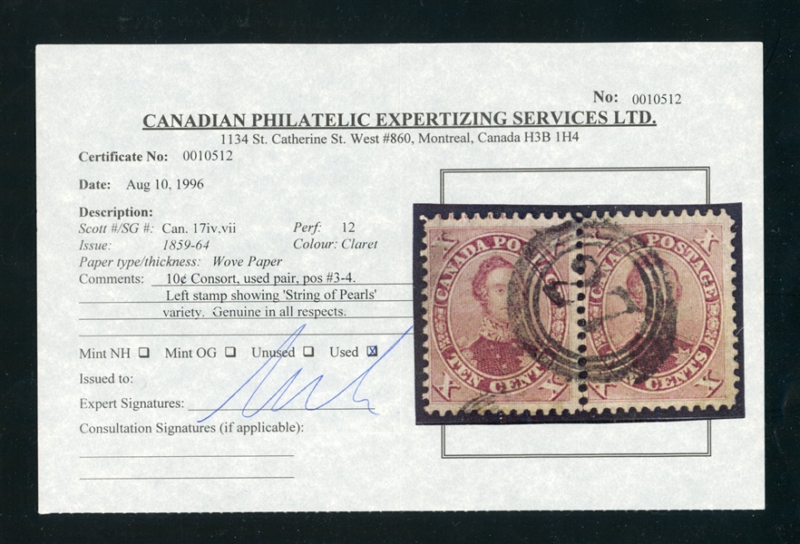 Canada 17, 17iv Used Pair, F-VF with String of Pearls Variety, 2005 Graves Cert (UCS $1000)