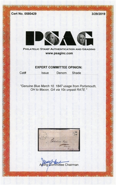 USA 1847 Stampless Folded Letter Portsmouth, OH,  2019 PSAG Cert (Est $100-200)