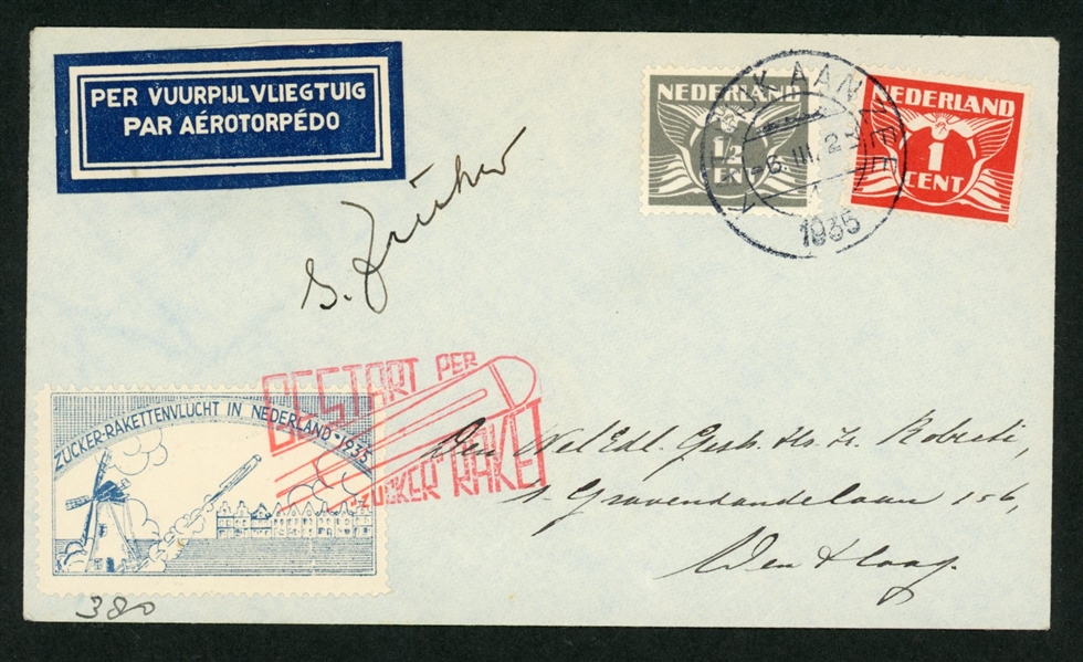 Netherlands 1935 Rocket Mail Cover (Est $90-120)