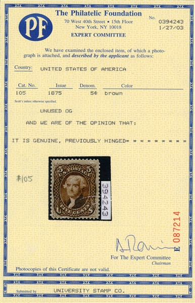 USA Scott 105 MH Fine, 5c Jefferson 1875 Re-Issue w/2003 PFC (SCV $2500)
