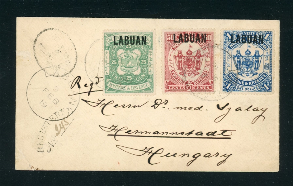 Labuan Scott 63-65 on Registered Cover to Hungary, 1919 (Est $100-150)