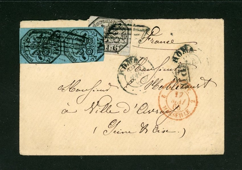 Italy Roman States Scott 7, 8(x2) on Cover to France 1865 (Est $200-300) 