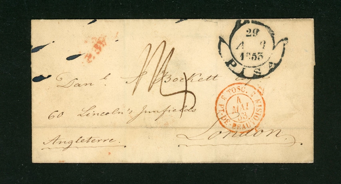Italy Stampless Folded Letter,  Pisa to London, 1853 (Est $75-100)