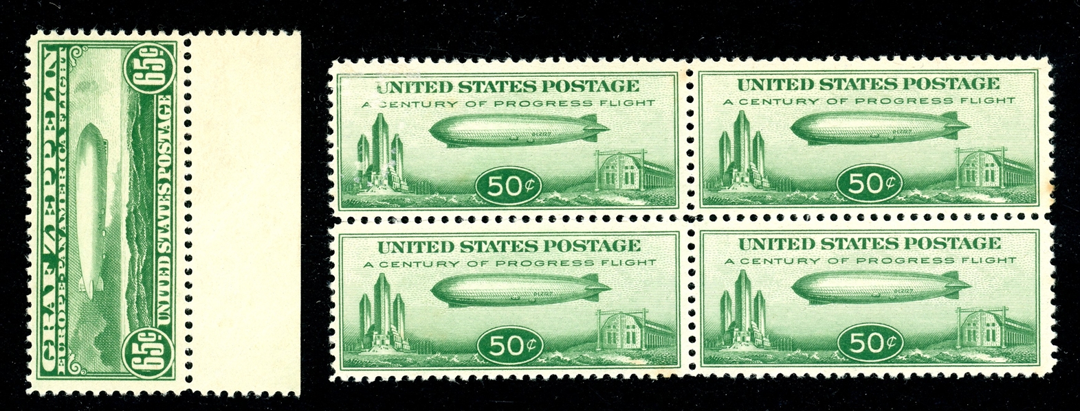 USA Scott C13 Single, C18 Block of 4, Unused F-VF, Zeppelins (SCV $375)