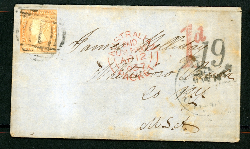 Victoria SG 53b on Cover, Packet Paid to New York, 1857 (Est $60-80)