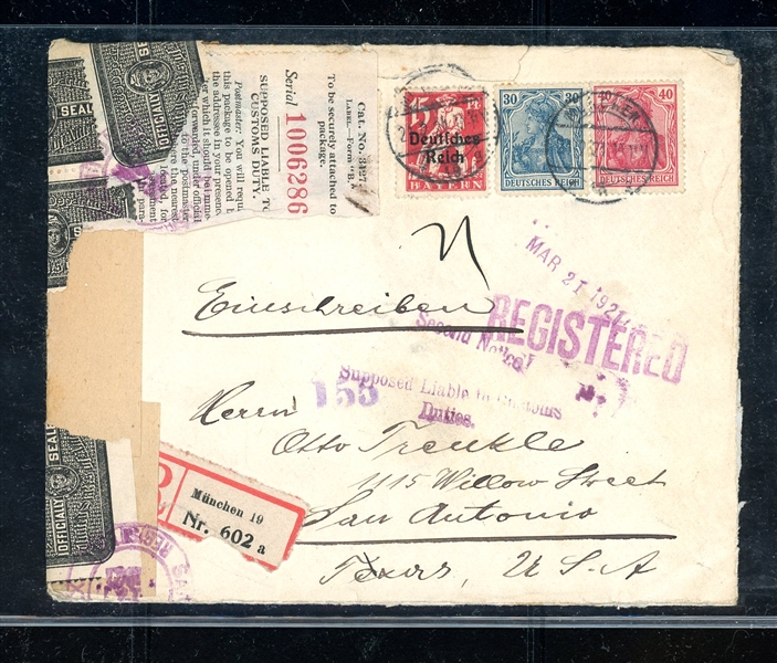 Germany Cover to USA with PO Seals, 1921 (Est $75-100)