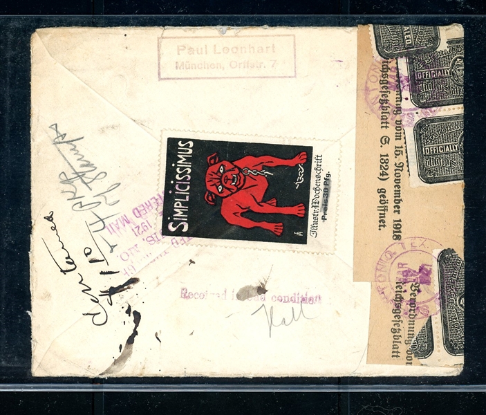 Germany Cover to USA with PO Seals, 1921 (Est $75-100)