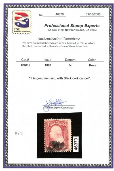 USA Scott 85 Used, Fine+, D Grill With 2021 Crowe Cert (SCV $1100)