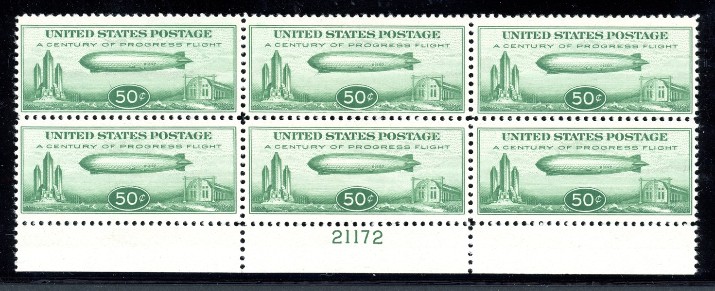 USA Scott C18 MNH F-VF Plate Block of 6, 50c Baby Zeppelin (SCV $600)