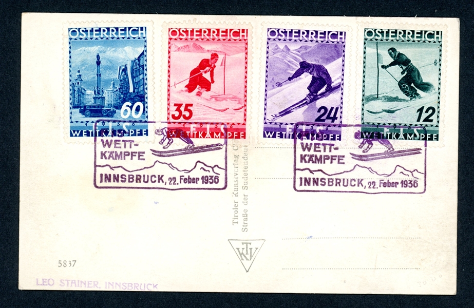 Austria Scott B138-B141 on Real Photo Postcard - 1936 Skiing (Est $50-100)