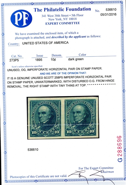 USA Scott 258P5 Pair, 10c Webster Plate Proof, MH VF with 2016 PFC (SCV $500)