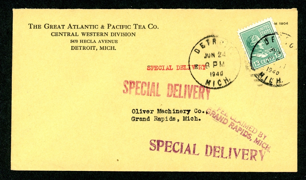 USA Scott 818, 13c Prexie Single Usage on Special Delivery Cover (SCV $500)
