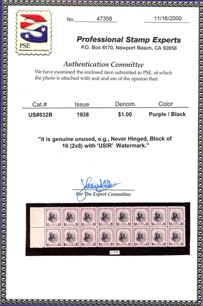 USA Scott 832b MNH Block of 16, $1 Coolidge with Wmk USIR, F-VF with 2000 PSE Cert (SCV $3200)