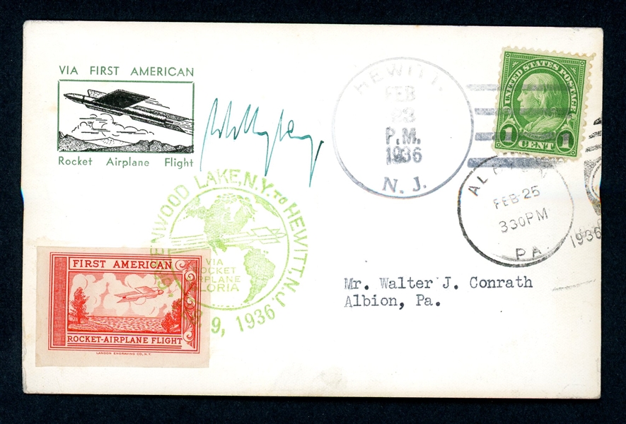 USA Rocket Mail Picture Postcard 1936 Signed Willy Ley (Est $75-100)