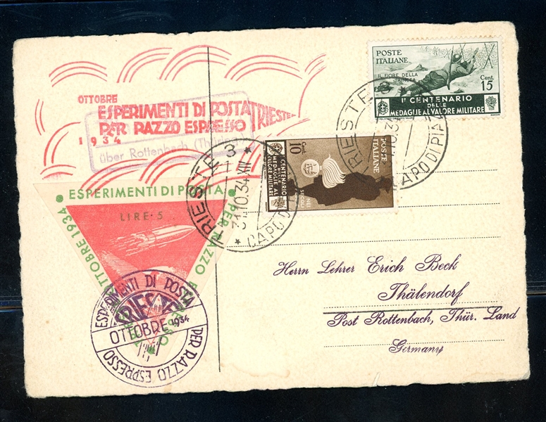 Italy-Trieste 1934 Rocket Mail Flown Card (Est $60-90)