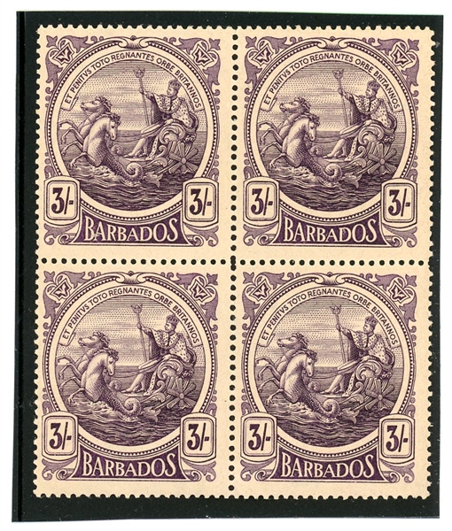Barbados Scott 138 Mint Block of 4, 1916 3/- Value (SCV $300)