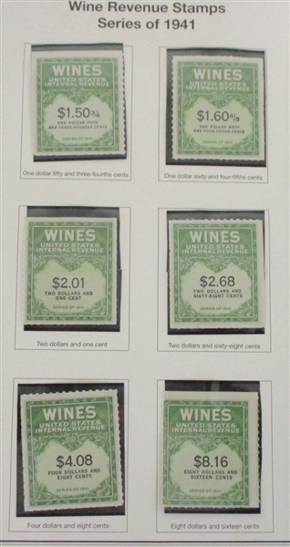 USA Wine Stamps, Series 1941 on Mystic Pages (SCV $410)