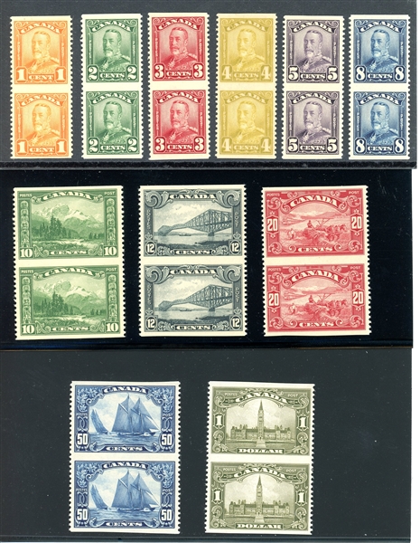 Canada 1928 KGV Pictorial set pairs, IMPERF horizontally, Most MNH VF (SCV $3720)